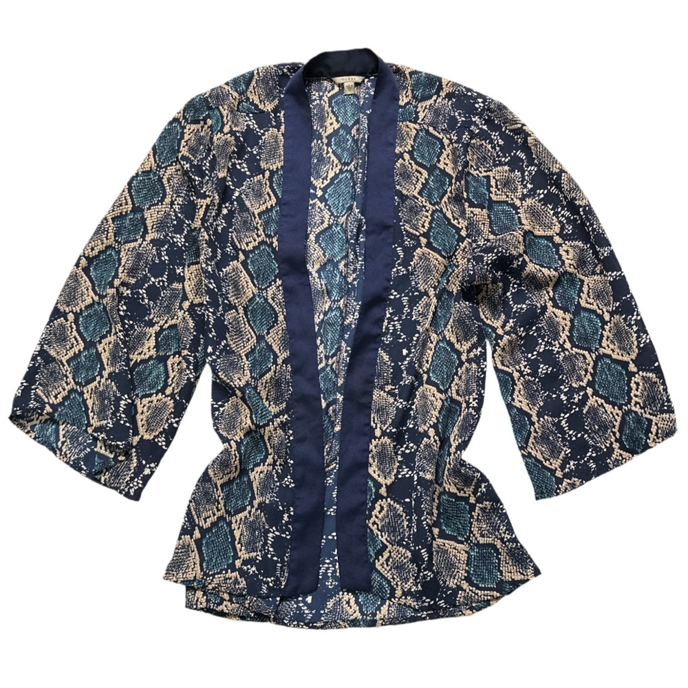 Y2K GUESS women's navy/tan snake lace print shrug, XS.